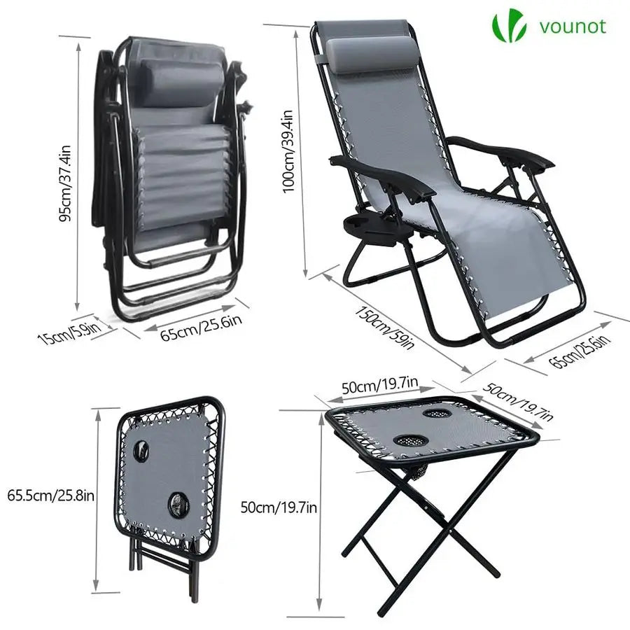 Set of 2 Zero Gravity Recliner Chairs with Side Table Cup and Phone Holder 120kg Adjustable Headrest Grey Folding