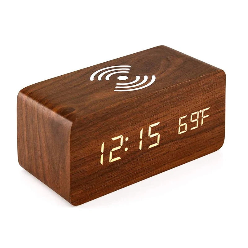 Niditon Wooden LED Alarm Clock with Wireless Charging | Temperature, Date & 3 Alarms