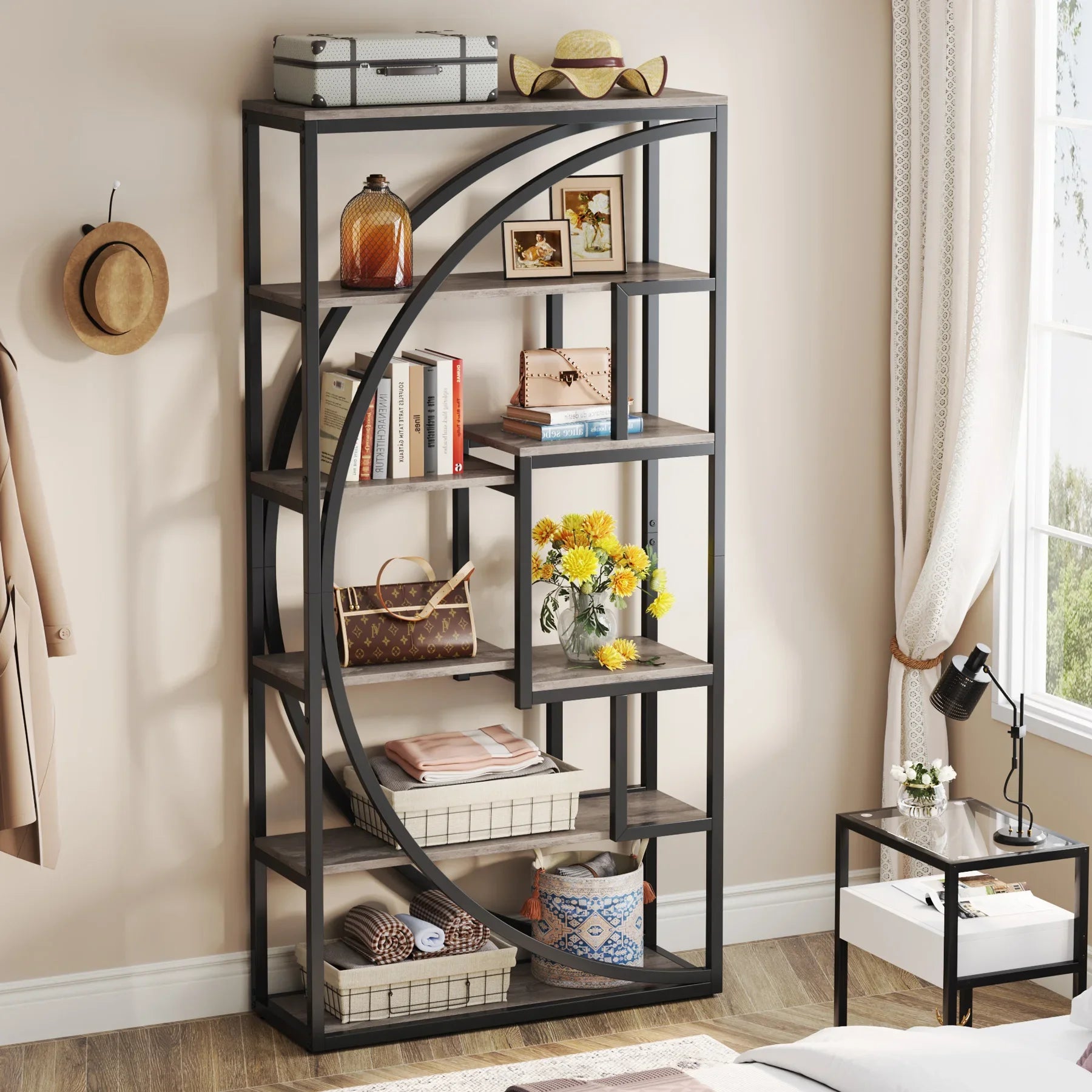 70 Inch 5-Tier Industrial Bookcase with 8 Open Shelves | Vintage Grey and Black Geometric Bookshelf