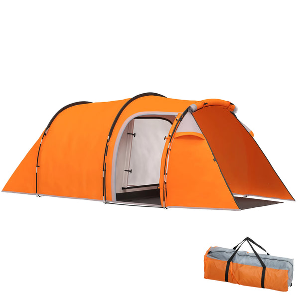 2-3 Person Tunnel Tent with Sewn In Groundsheet Front Porch 2000mm Waterproof Fibreglass Poles Orange
