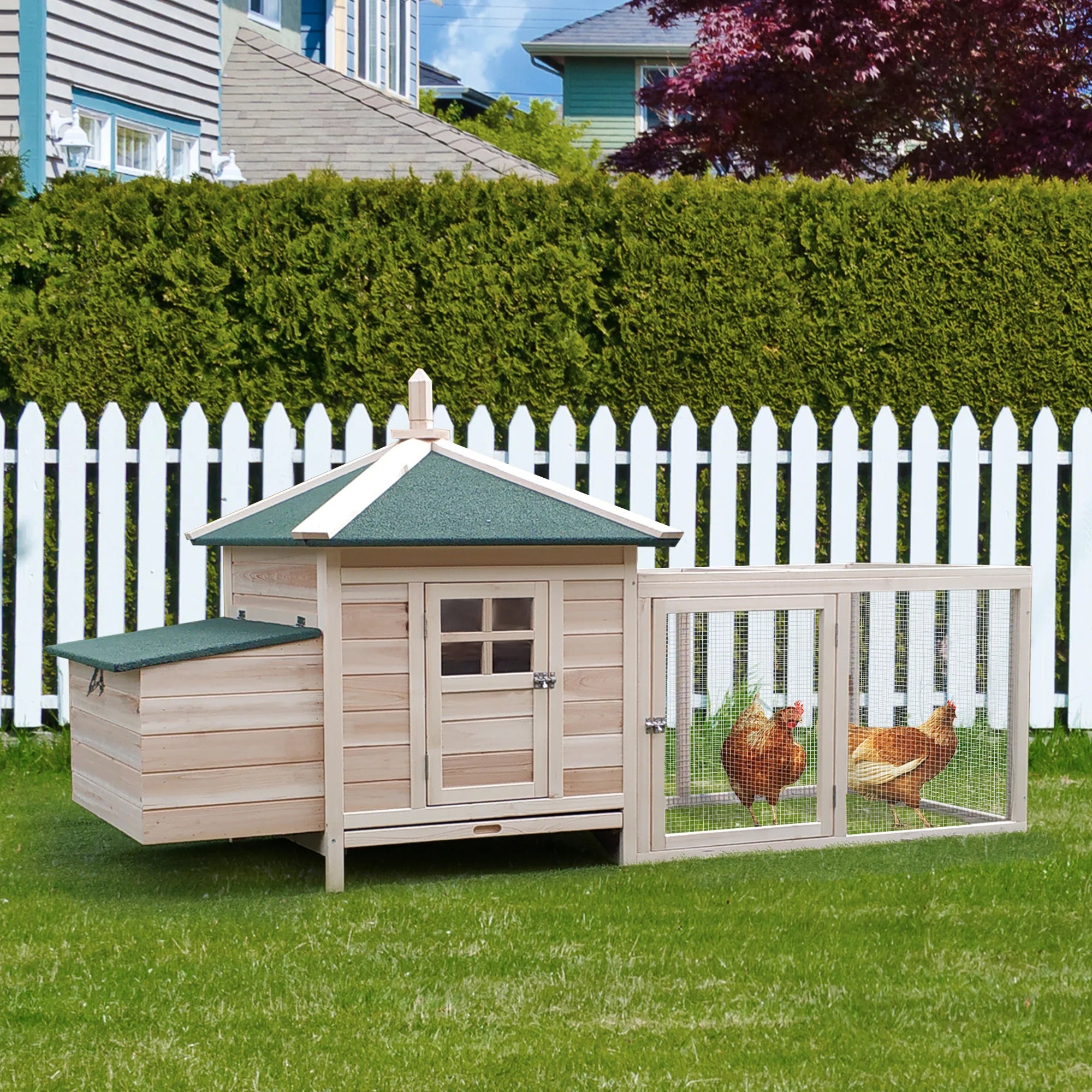 Chicken Coop with Run Nesting Box Openable Top Removable Tray and Lockable Doors Outdoor Hen House for Small Flocks