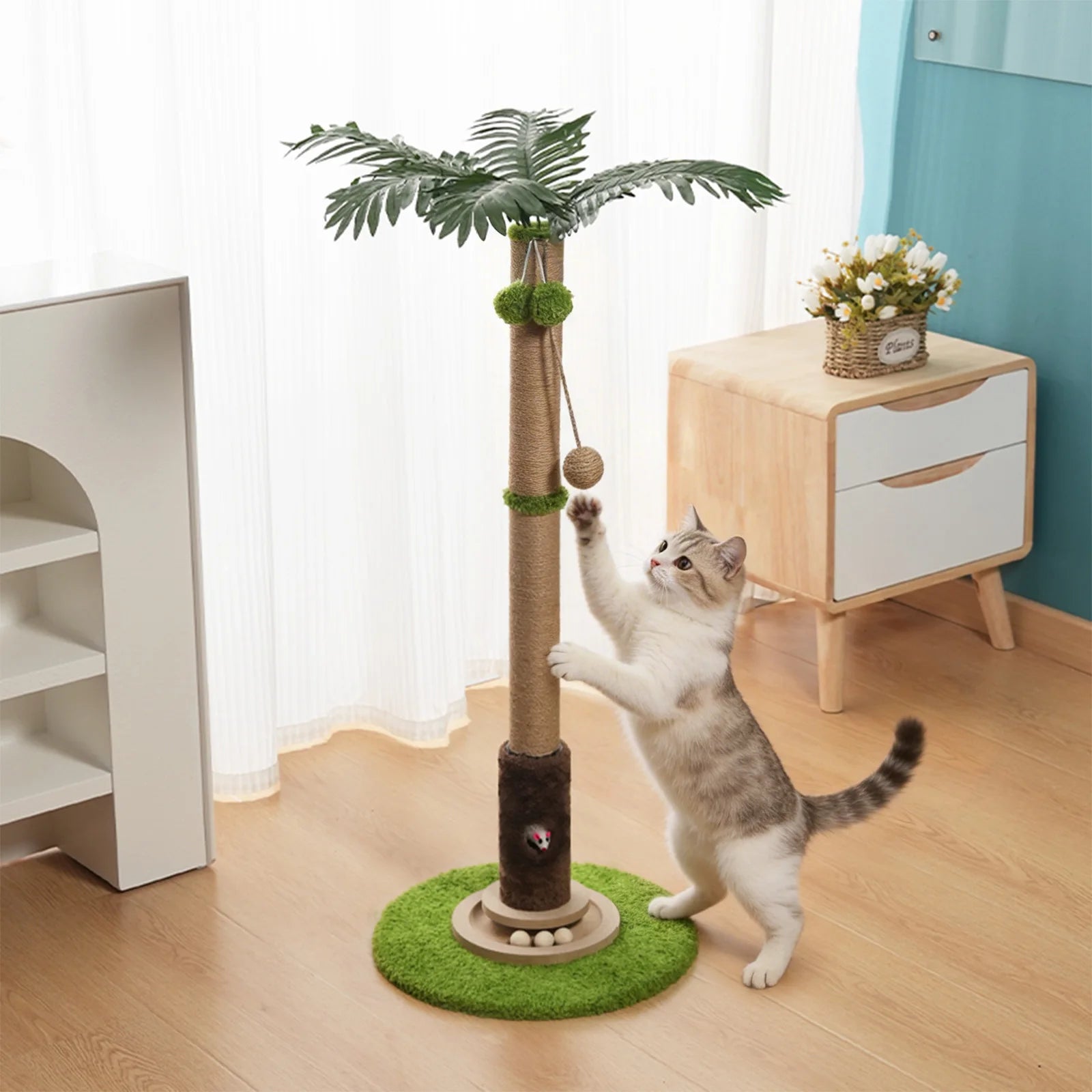 Tree Shaped Cat Scratching Post 56cm 93cm with Dangling Balls Spring Toys Rat Hole Sisal for Kittens Adult Cats