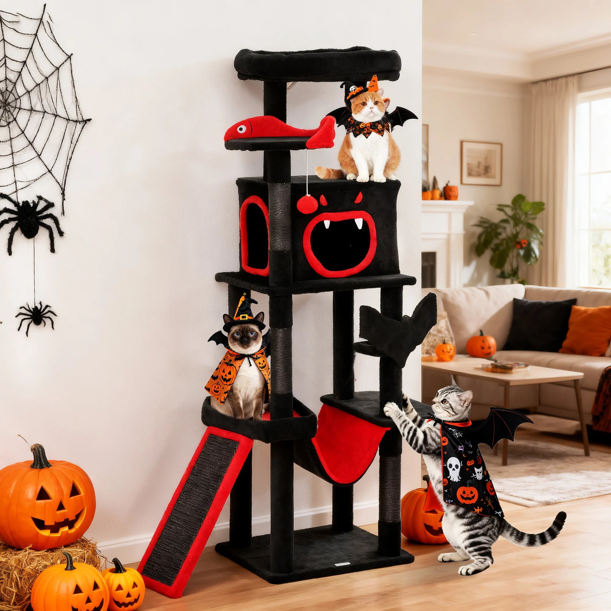 152cm Gothic Cat Tree Halloween Coffin Bed Large Condo Multi Level Black Red