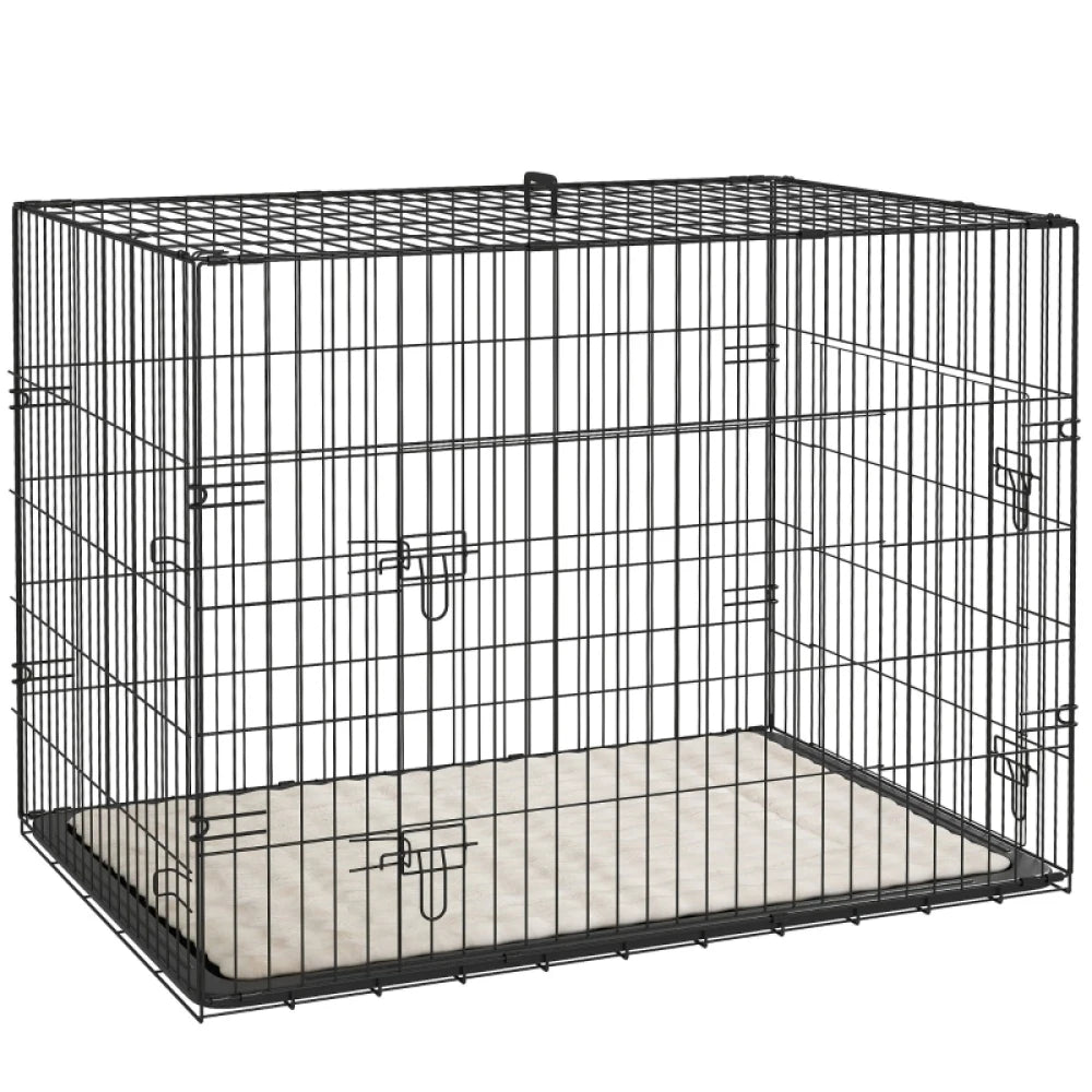 PINGGO Foldable Dog Crate 91x62x68cm 2 Doors with Tray Soft Cushion for Medium Large Dogs Black