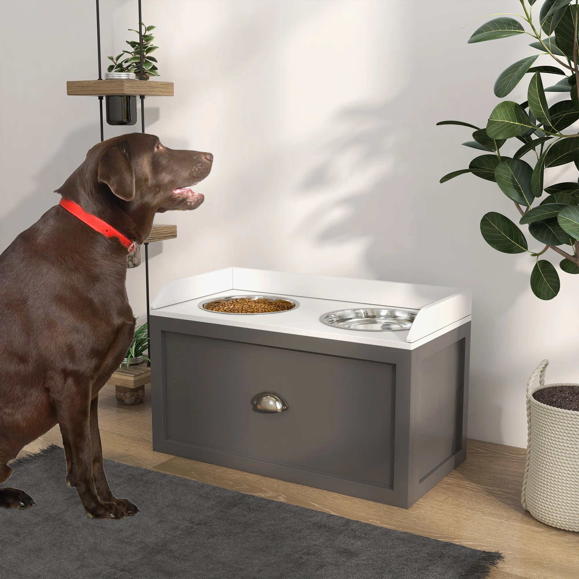 Raised Dog Bowl Station with 21L Storage Drawer and 2 Stainless Steel Bowls for Large Dogs