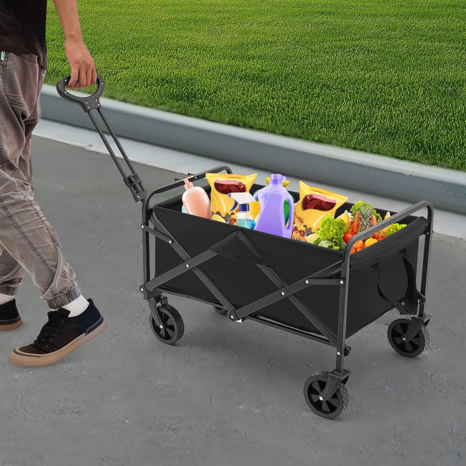 Collapsible Folding Wagon Garden Cart 80kg Adjustable Handle 2 Cup Holders for Shopping Camping Beach