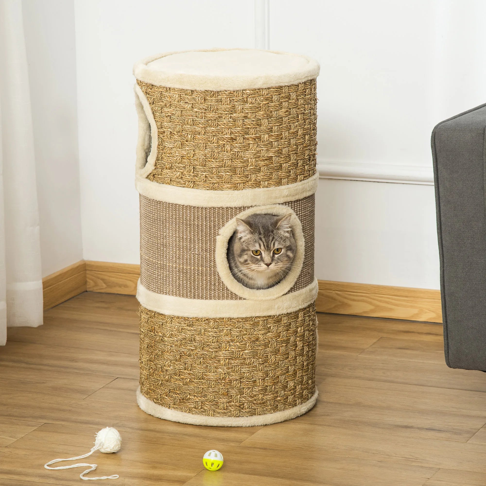 Cat Scratching Barrel Kitten Climbing Frame with Three Dens Sisal Seaweed Rope and Soft Plush Platform for Cats under 4kg