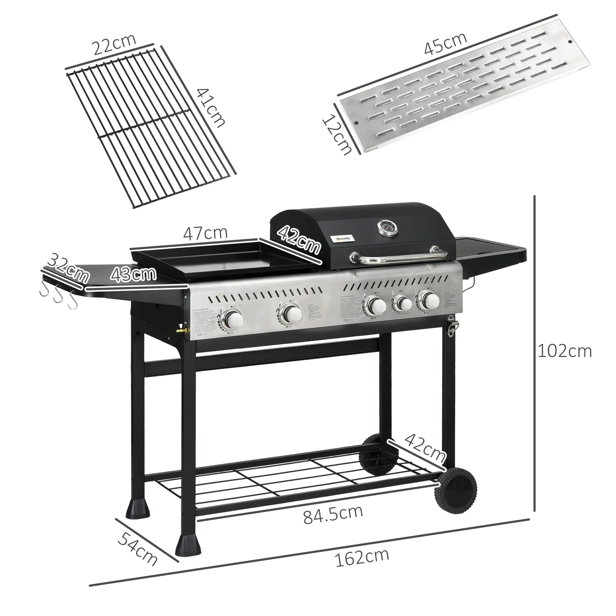 Gas BBQ Grill and Plancha 15kW with 4 Plus 1 Burners Large Cooking Surface Lid Thermometer and Side Burner for Garden Party