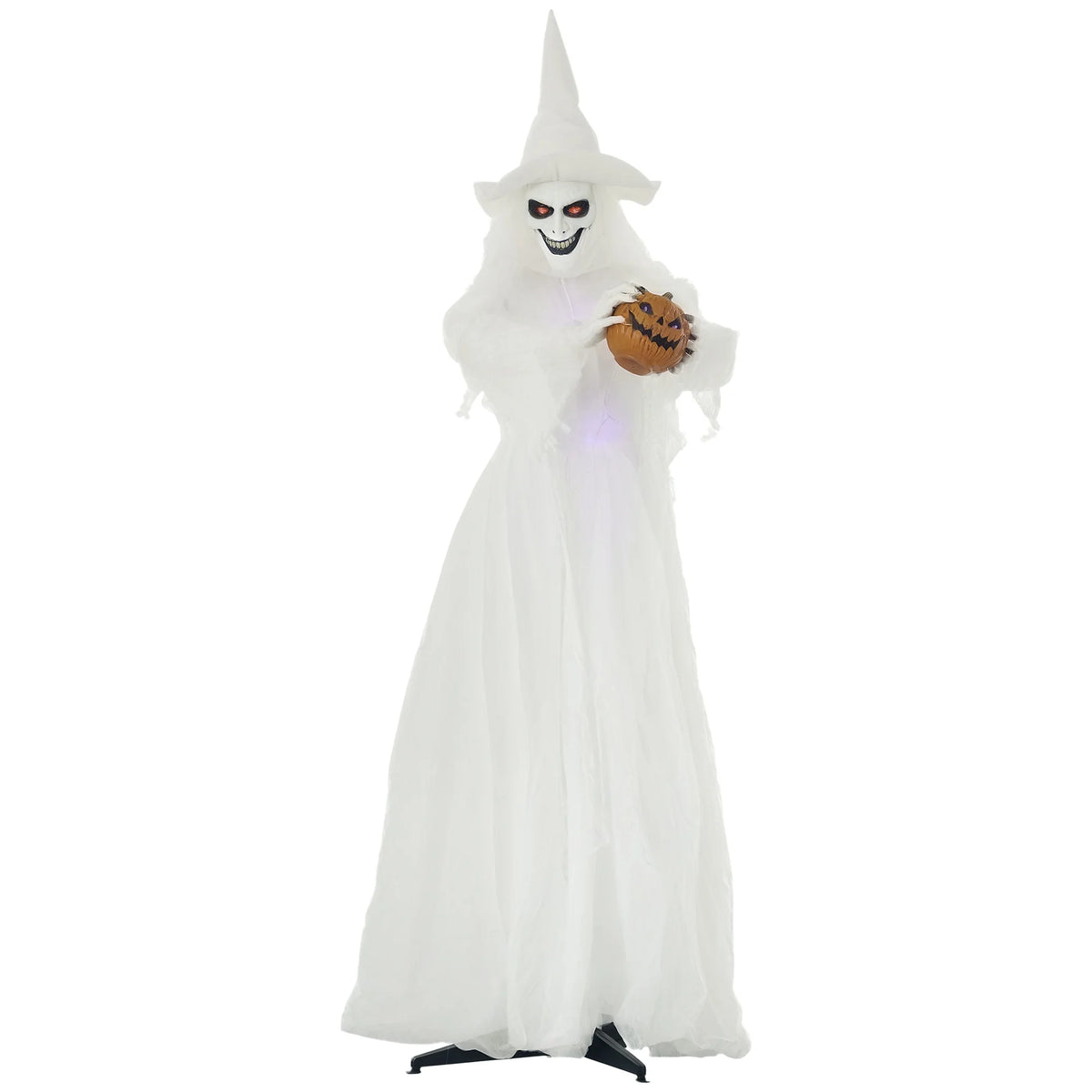 White witch Halloween decoration with red light up eyes and glowing pumpkin