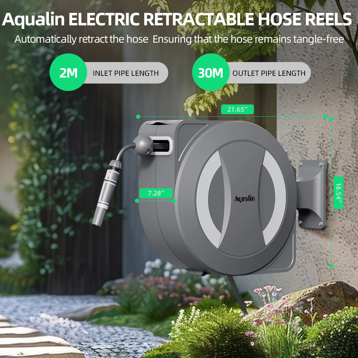Battery Powered Electric Retractable Garden Hose Reel 30m+2m Wall Mounted Auto Lock 180° Pivoting
