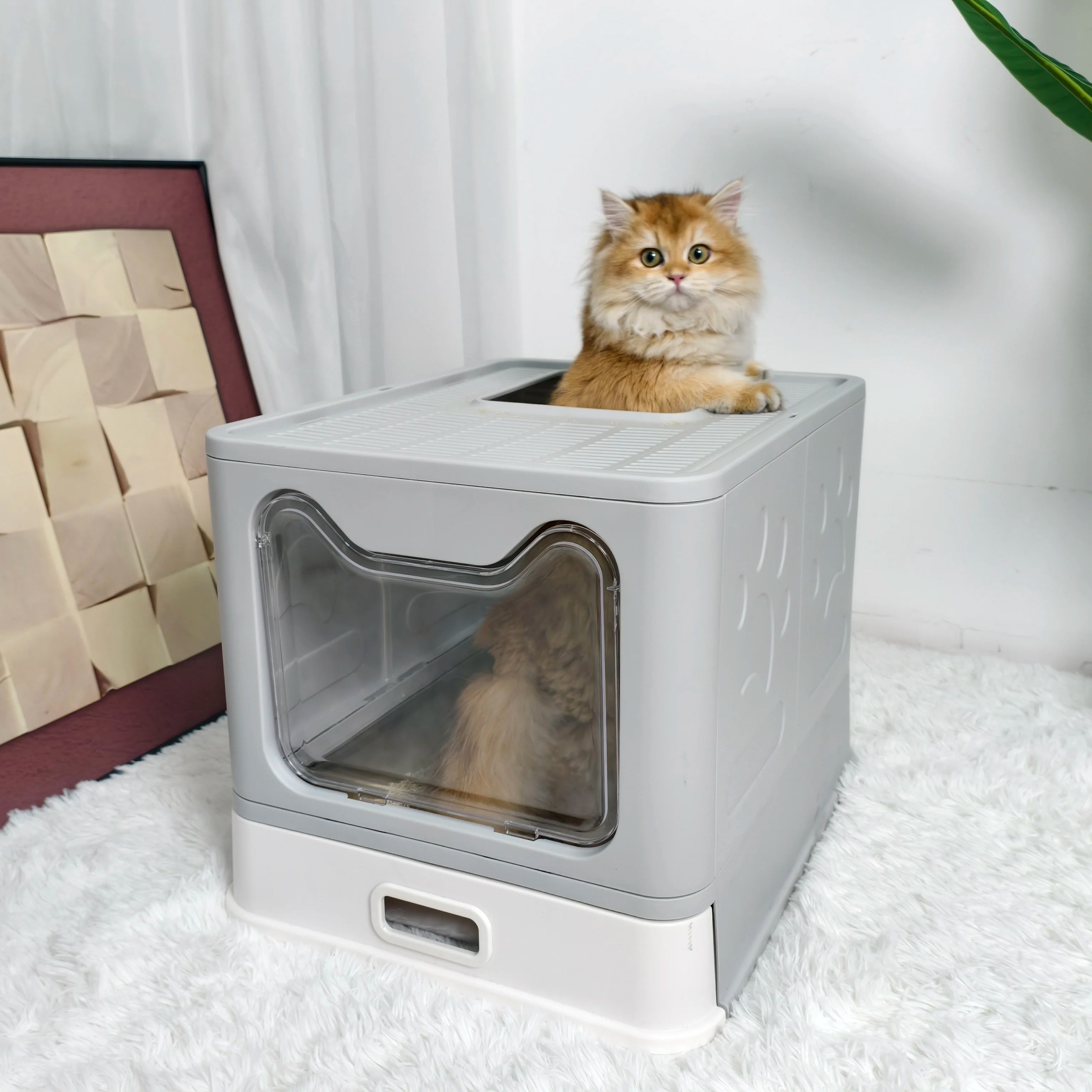 Large Stainless Steel Cat Litter Box 38.3x48.5x38.5cm Front Entry Top Exit with Lid Scoop for Kittens