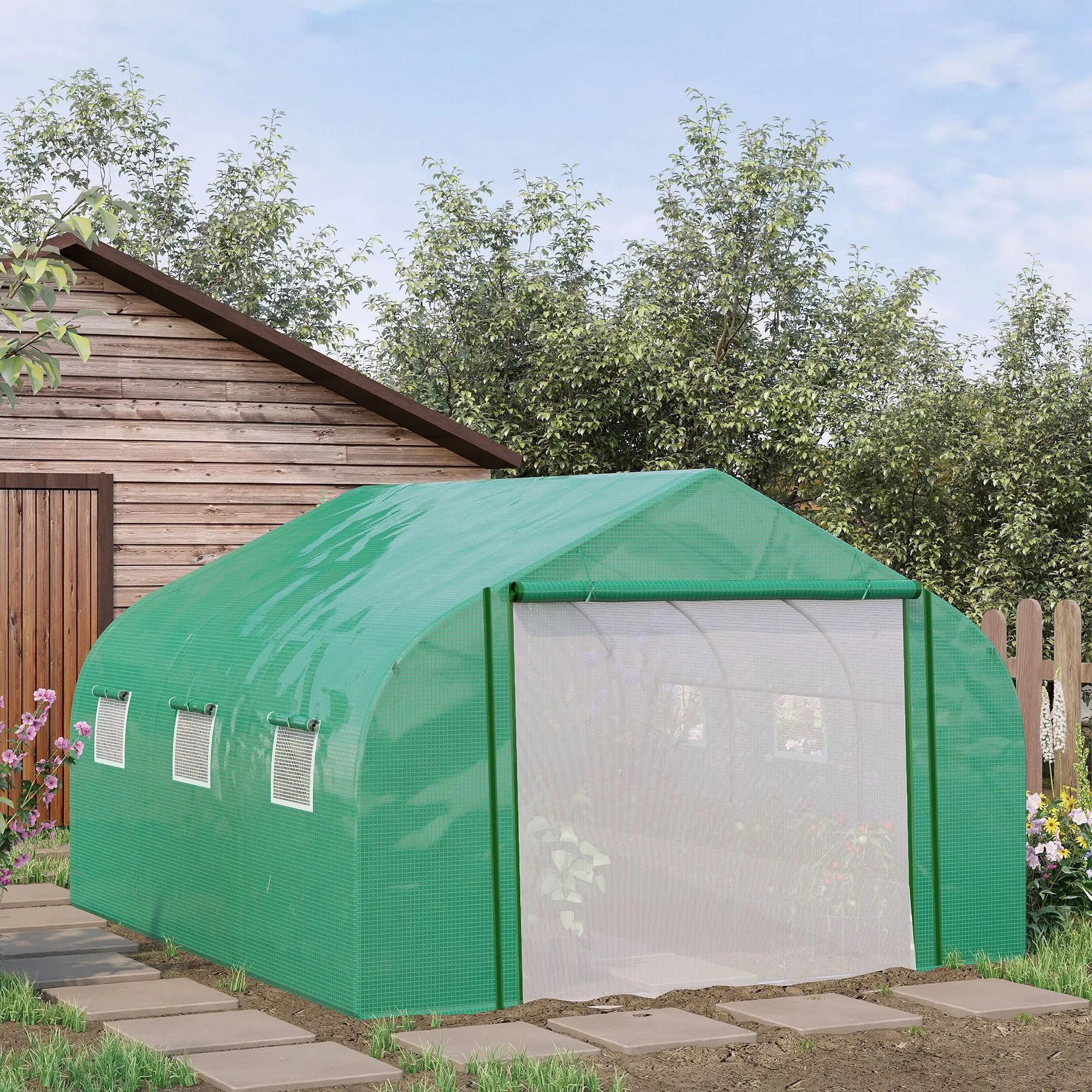 3.5 x 3m Walk-In Tunnel Greenhouse with Roll-Up Door, 6 Mesh Windows and Galvanised Steel Frame