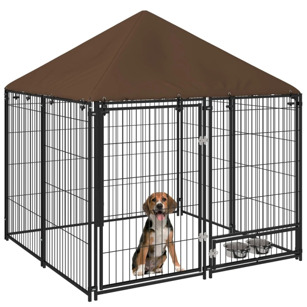 PINGGO Outdoor Dog Kennel 141x141x151cm Puppy Playpen with Canopy Rotating Bowl Garden Fence Enclosure Brown