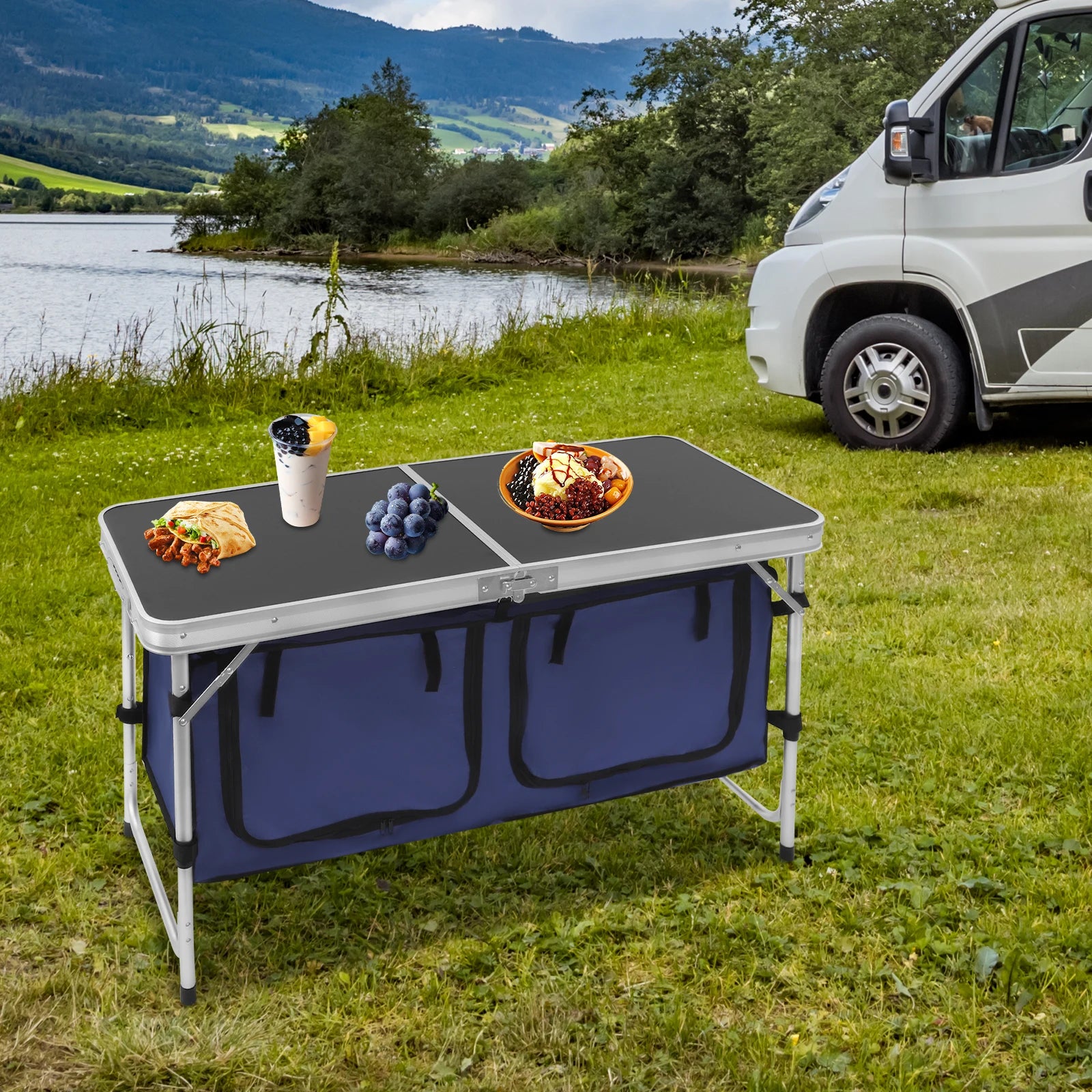 3 Height Adjustable Folding Camping Table Aluminium Storage Bags 35kg for Picnic BBQ Outdoor Garden Party