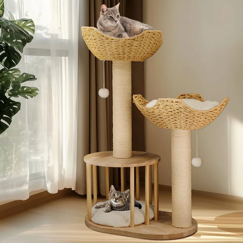 BORWART 3 Tier Cat Tree 99cm Wide Base Large Baskets Padded Perches Sisal Scratching Post Hanging Toy