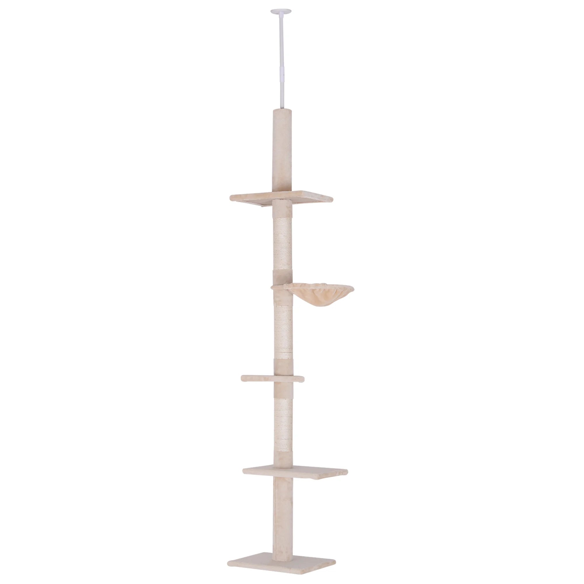 Floor to Ceiling Cat Tree 5 Tier 230-260cm Adjustable Height Scratching Post Plush Platforms for Indoor Cats Grey