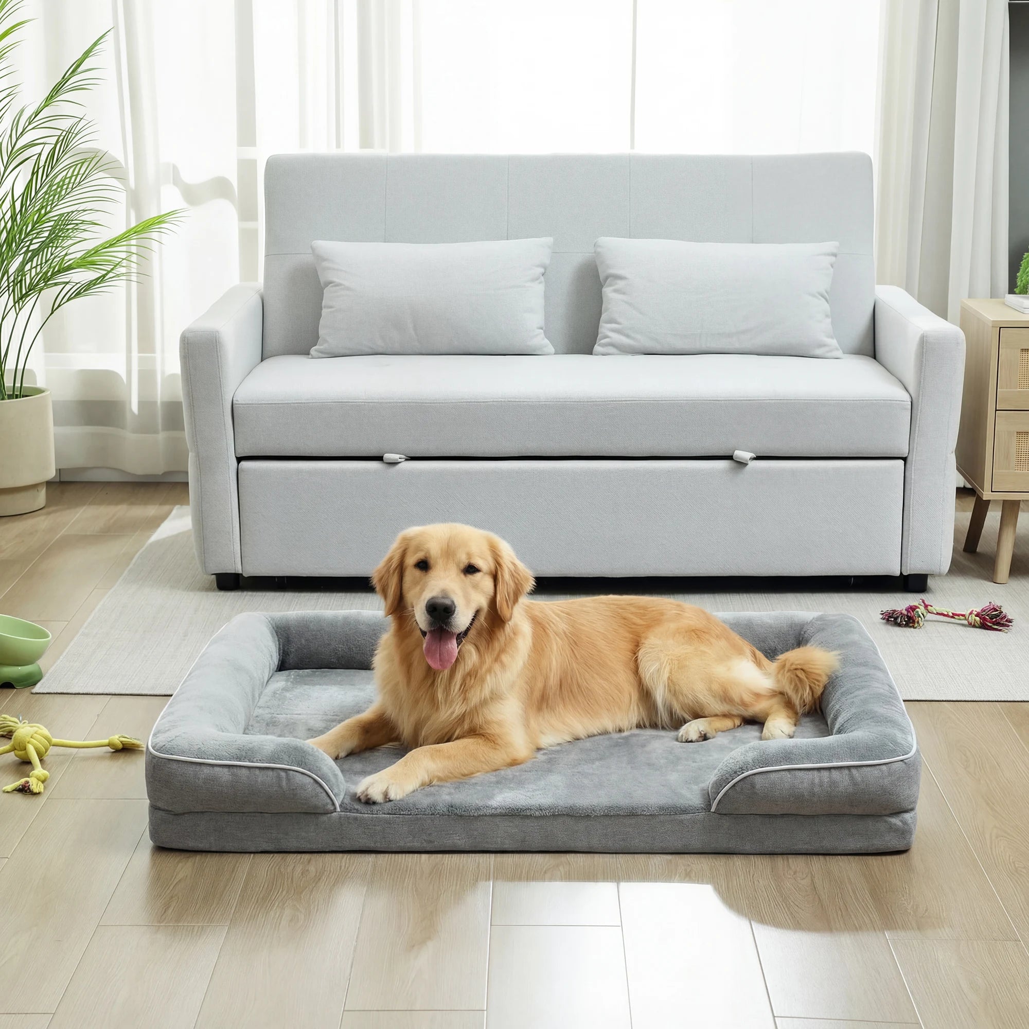 Dog Sofa Bed with Cooling Gel Memory Foam Three Sided Bolster Washable Cover and Non-Slip Bottom for Large Dogs