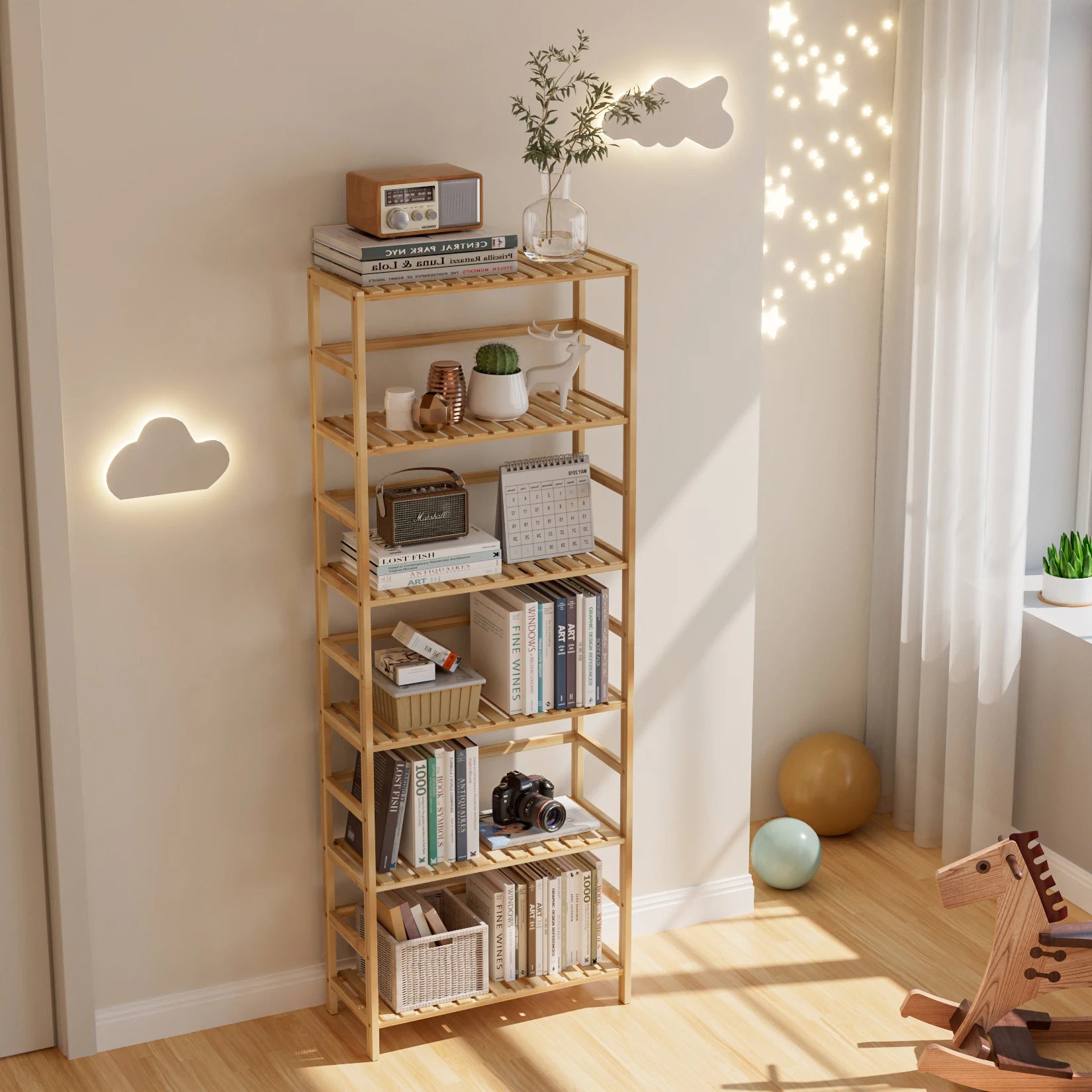 6-Tier Bamboo Bookshelf and Flower Rack with Adjustable DIY Shelves | Freestanding Natural Wood Display Unit