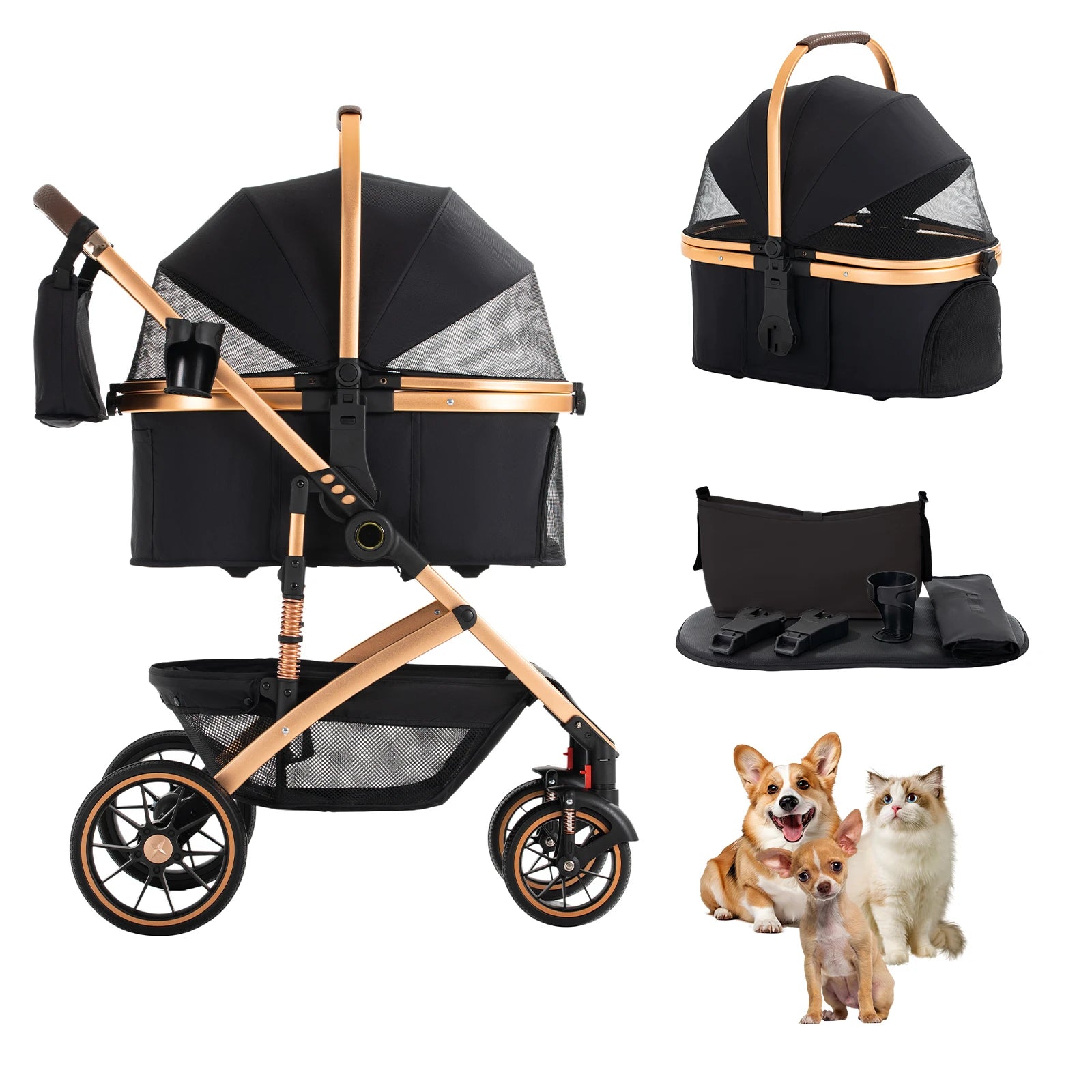 4 Wheel Pet Stroller 3-in-1 Convertible Removable Carrier Aluminium Frame for Small Medium Dogs Cats