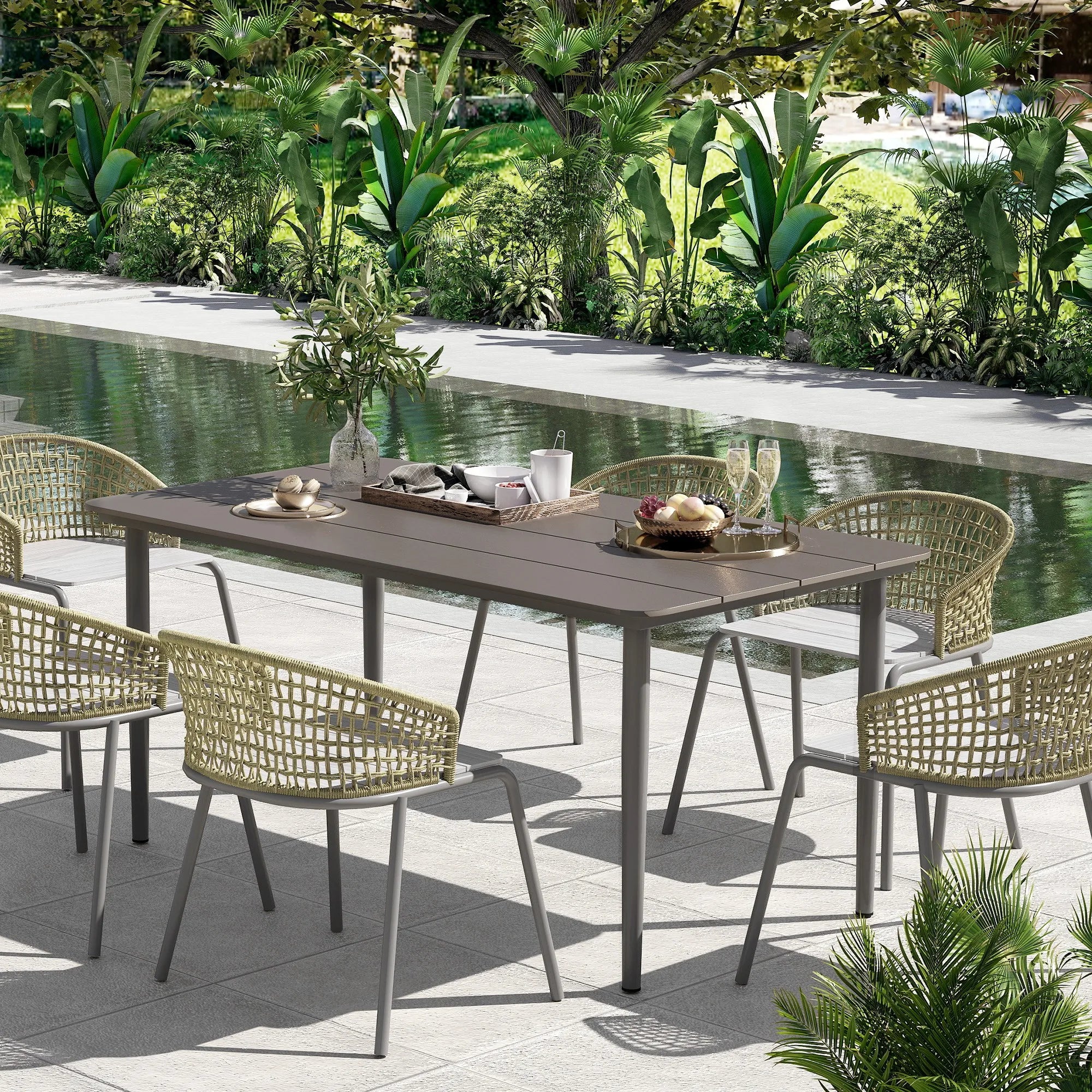 Large Garden Dining Table 160x90cm Seats 6 Metal Frame Wood Effect Top Weather Resistant Dark Grey