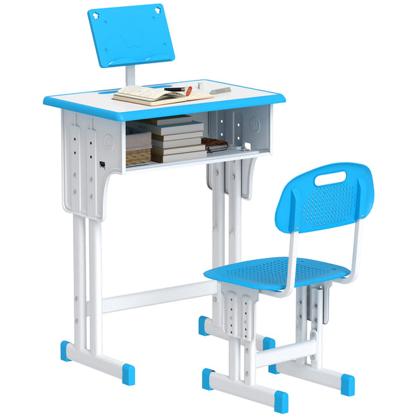 Kids Height Adjustable Desk and Chair Set with Drawer and Book Stand, Blue