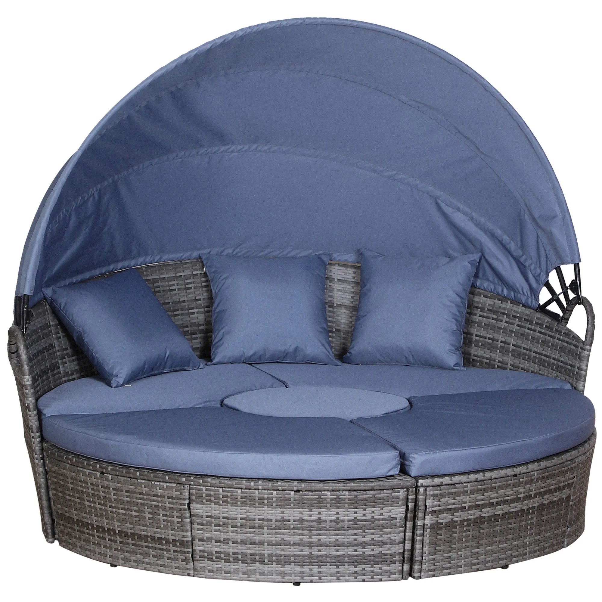 5 Piece PE Rattan Lounge Set Garden Round Sofa Bed with Retractable Canopy Cushions and Coffee Table