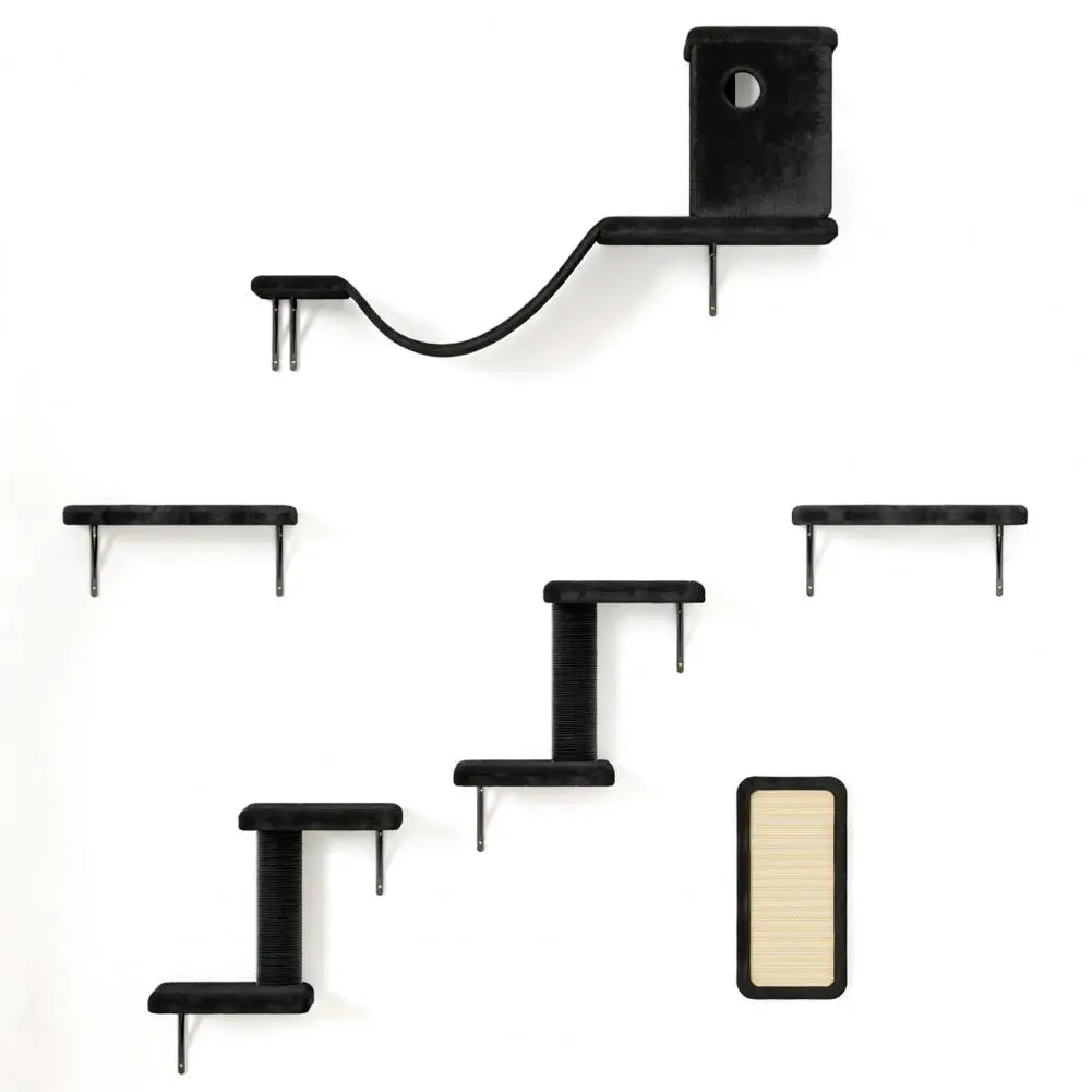 6 in 1 Cat Wall Shelves Wall Mounted Floating Furniture Bed Scratching Post Perch Bridge Condo Black