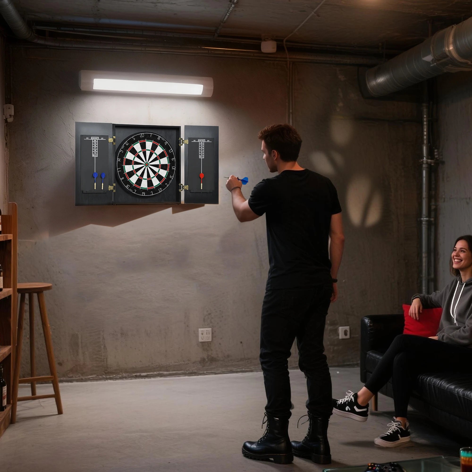 Bristle Dartboard Set with Cabinet 46.5cm Sisal Fibre Board 6 Steel Tip Darts Scoreboards for Home Game Room