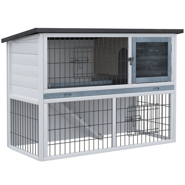 2 Tier Rabbit Hutch 108x45x78cm Fir Wood Guinea Pig Cage with Ramp Removable Tray and Openable Roof Grey