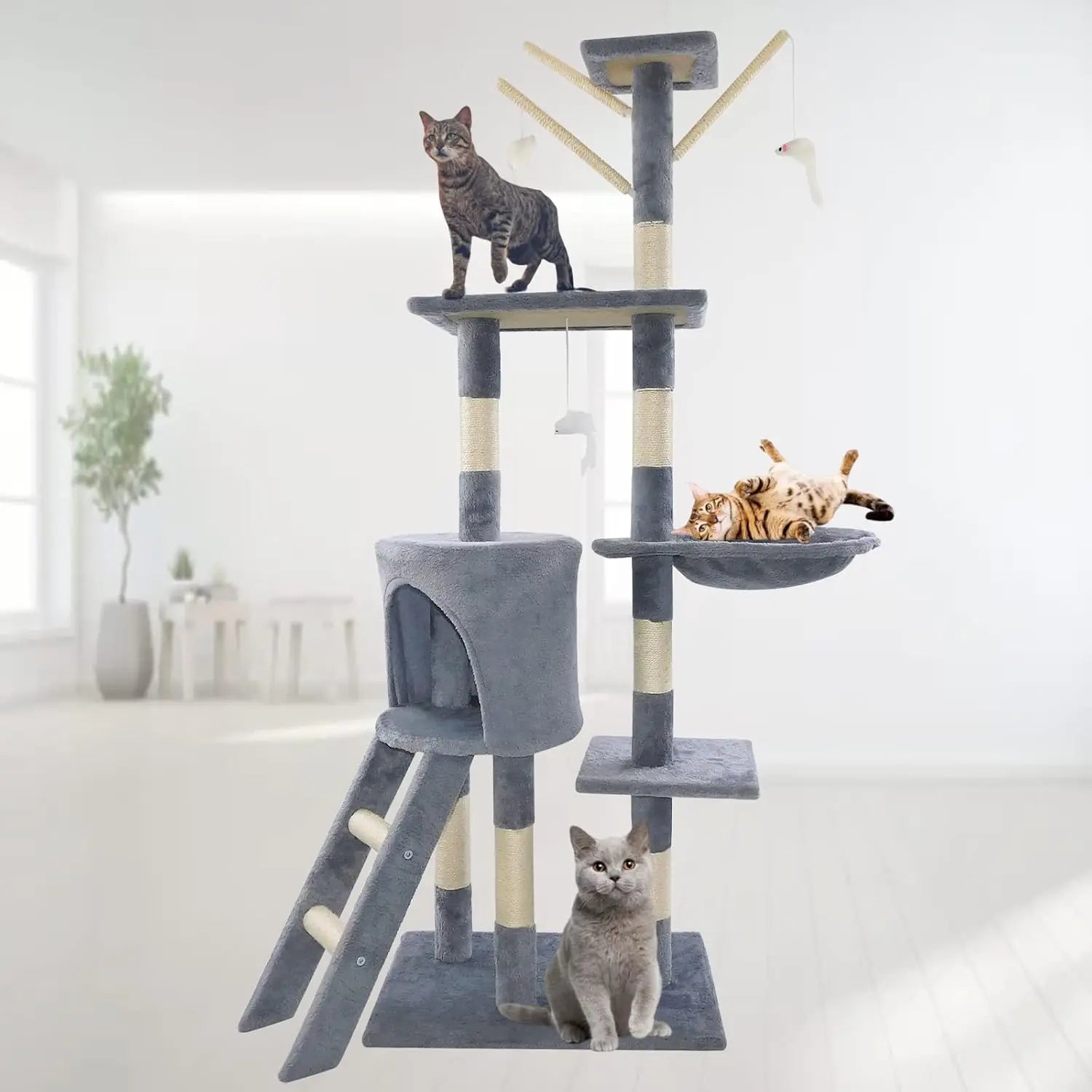 DayPlus 140cm Cat Tree Tower Scratching Post Hammock Cat House Indoor Outdoor Grey