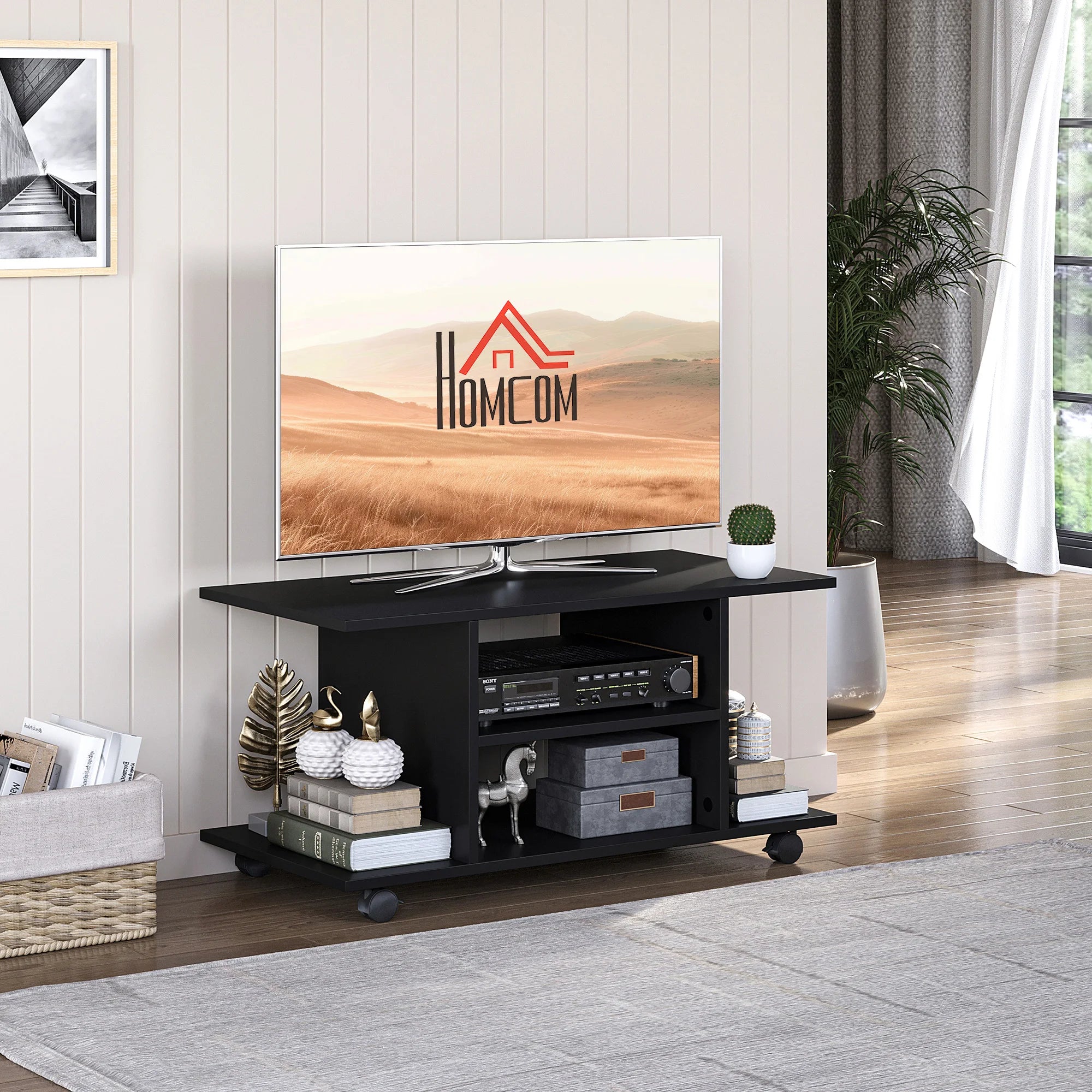 Modern Mobile TV Cabinet Stand with 3-Tier Shelves, 360° Lockable Castor Wheels for Living Room