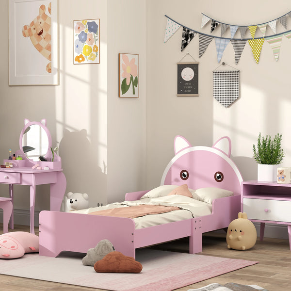 Toddler Bed Frame with Cat Design and Guardrails, 143 x 74cm, Pink