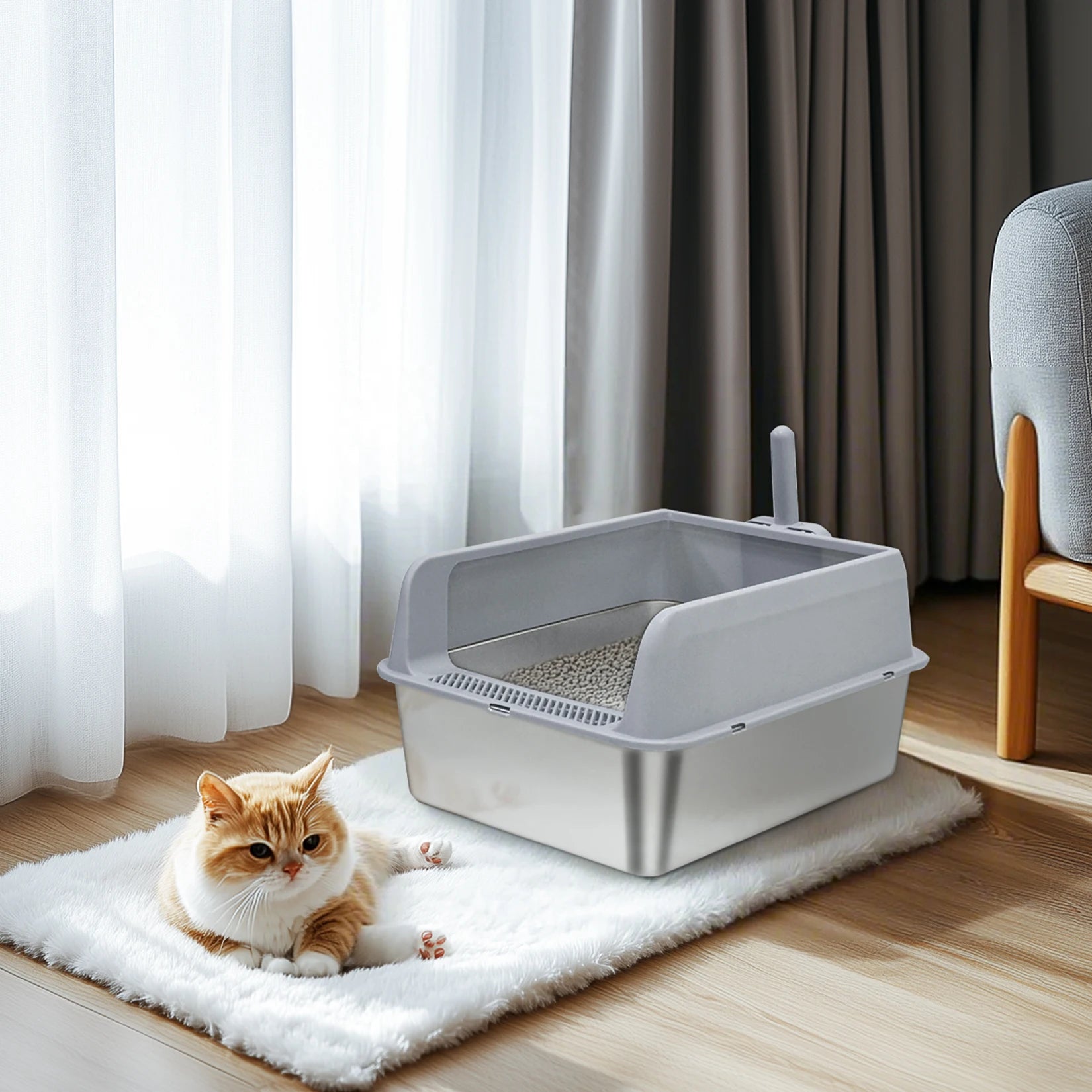 Stainless Steel Large Cat Litter Box Semi-Closed 60x40x27.7cm Odor Proof Scoop Small Medium Kittens
