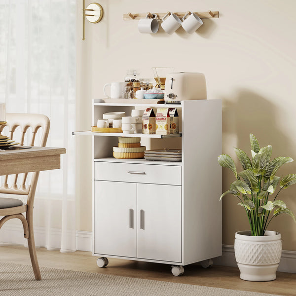 Kitchen Trolley Microwave Stand on Wheels with Slide-Out Shelf, Drawer and Cupboard, White