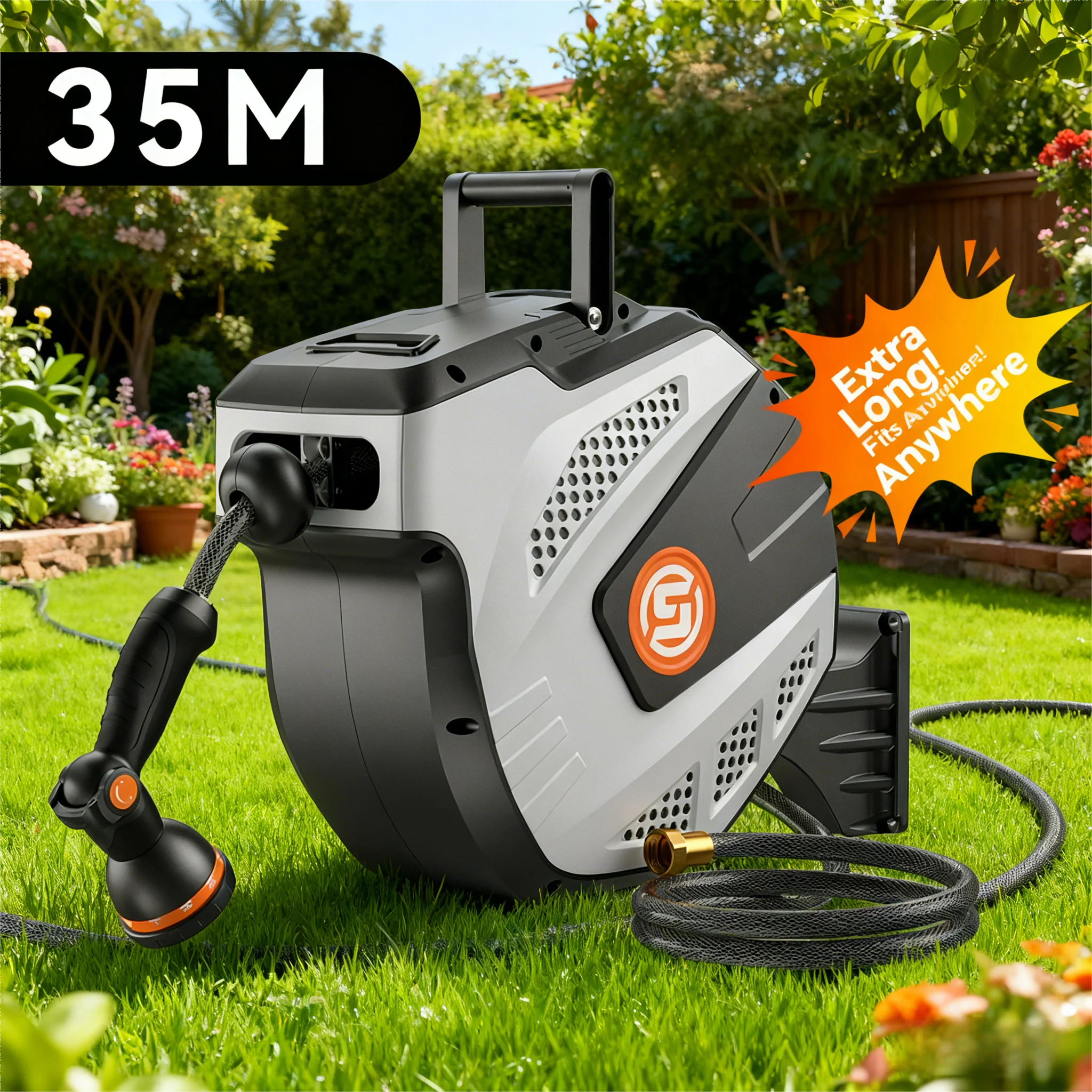 Self Retracting Hose Reel 10-35m Wall Mount Automatic Rewind 10 Function Nozzle 180° Swivel for Garden Car