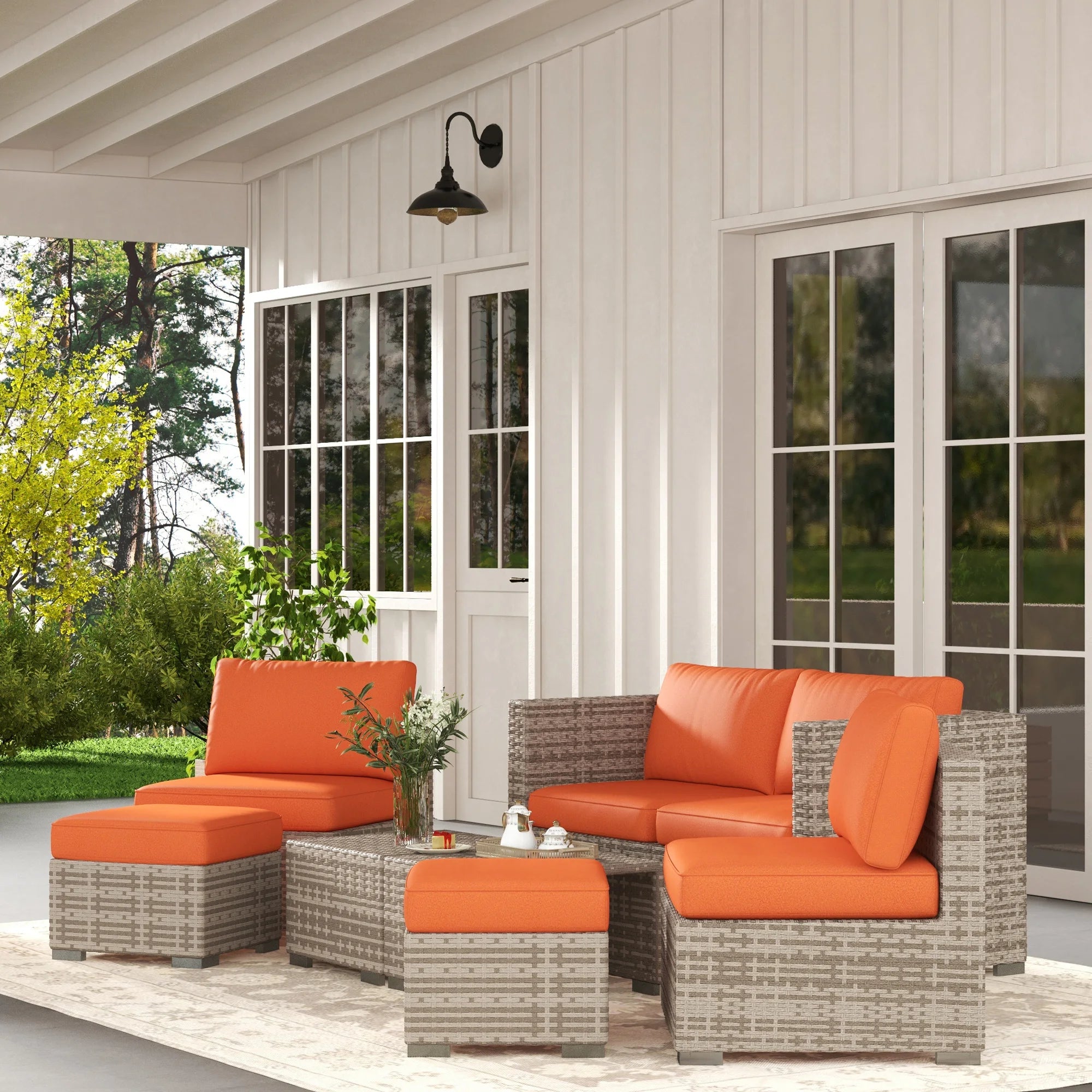 8 Piece PE Rattan Corner Sofa Set with Cushions Footstools and Coffee Tables Space-Saving Design for Garden Patio