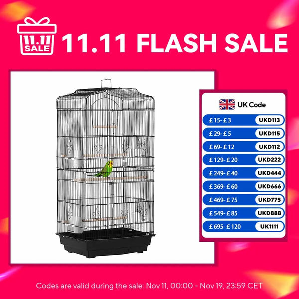 92cm Metal Bird Cage with Perches, Food Bowls and Swing, Black