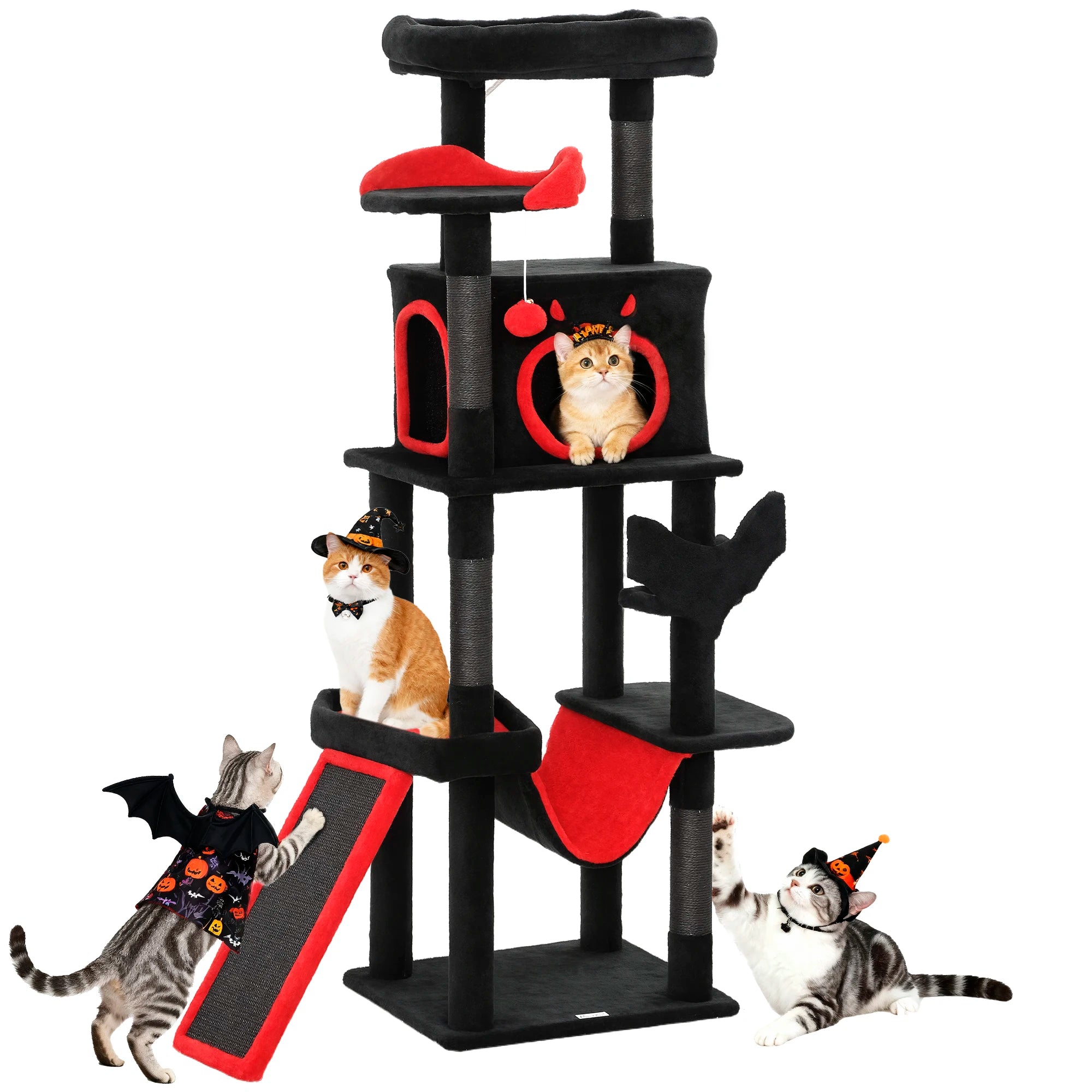 152cm Gothic Cat Tree Halloween Coffin Bed Large Condo Multi Level Black Red