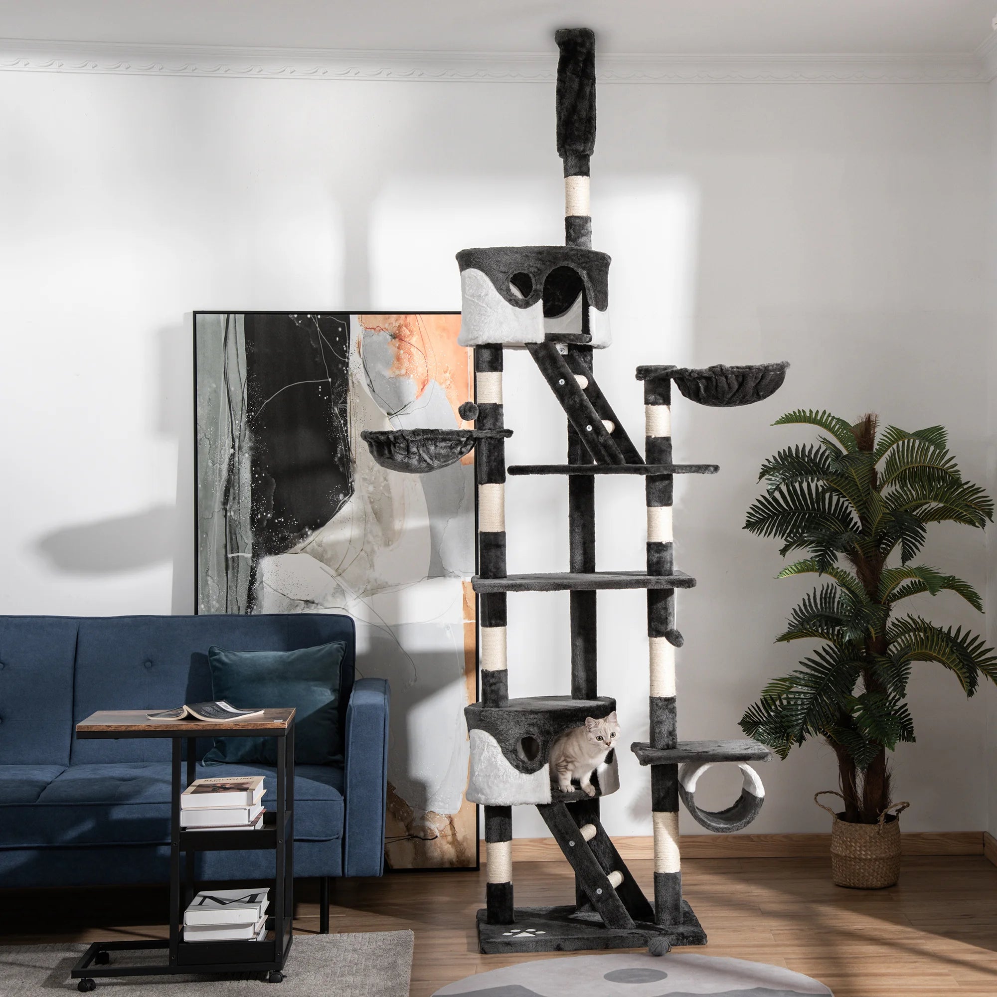 Floor to Ceiling Cat Tree 240-260cm with 2 Cat Houses Hammocks Tunnel Scratching Posts for Multiple Cats White