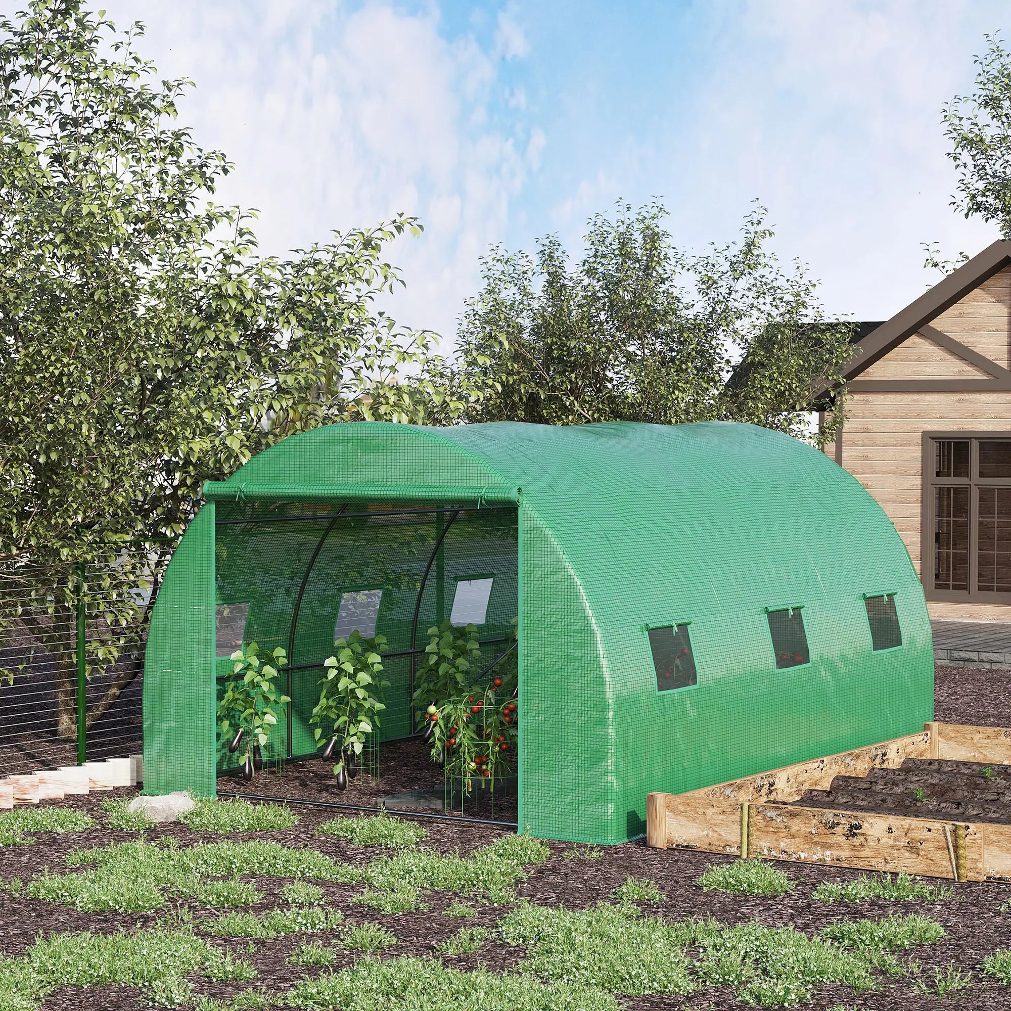 4 x 3m Walk-In Tunnel Greenhouse with PE Cover, Zipped Door, Roll-Up Windows and Galvanised Frame