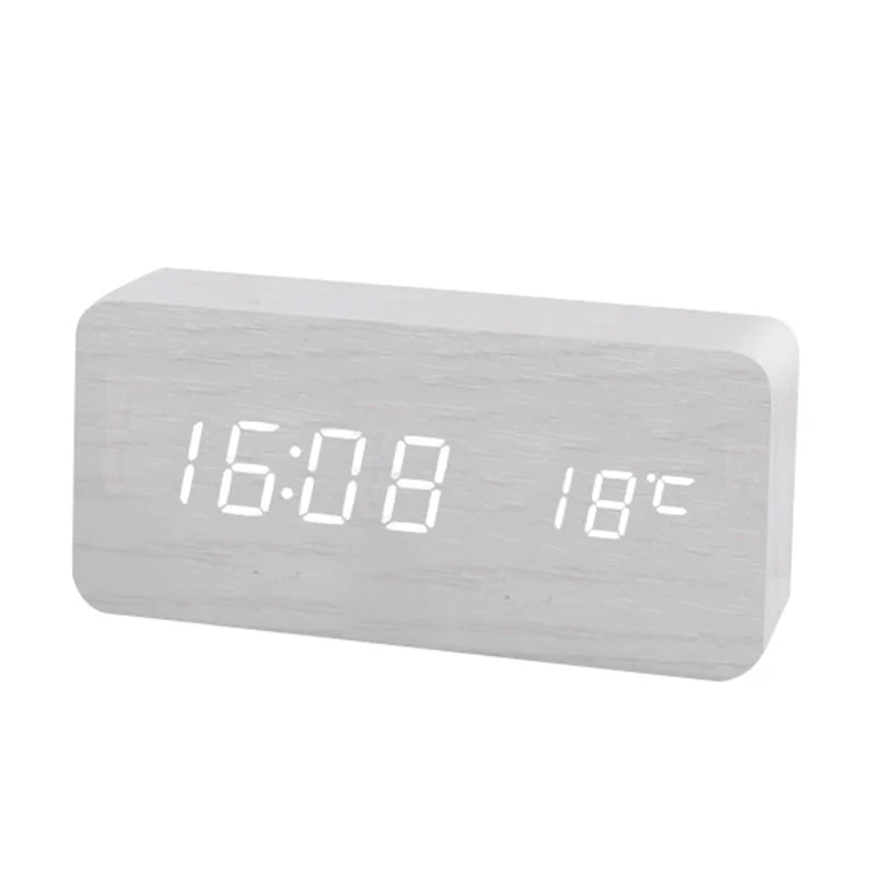 Niditon Wooden LED Alarm Clock with Wireless Charging | Temperature, Date & 3 Alarms