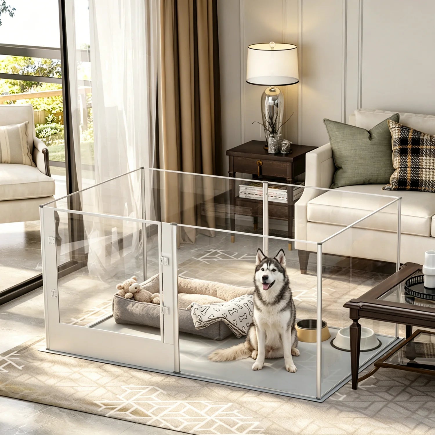 BINGOPAW Large Acrylic Dog Playpen 6 Panel 163x102.5x80cm Fence Whelping Box with Waterproof Mat