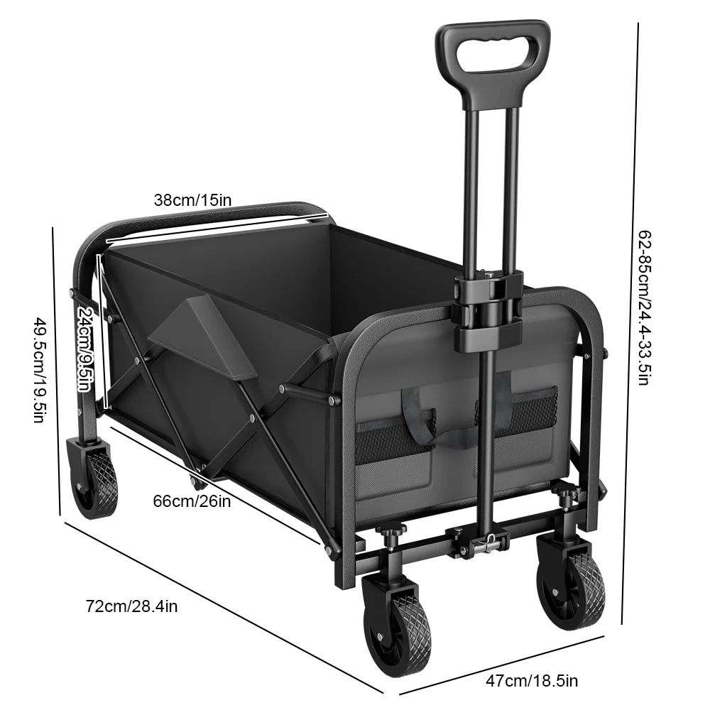 Foldable Camping Wagon Cart 100kg All-Terrain 360° Wheels Adjustable Handle Storage Pockets for Garden Shopping