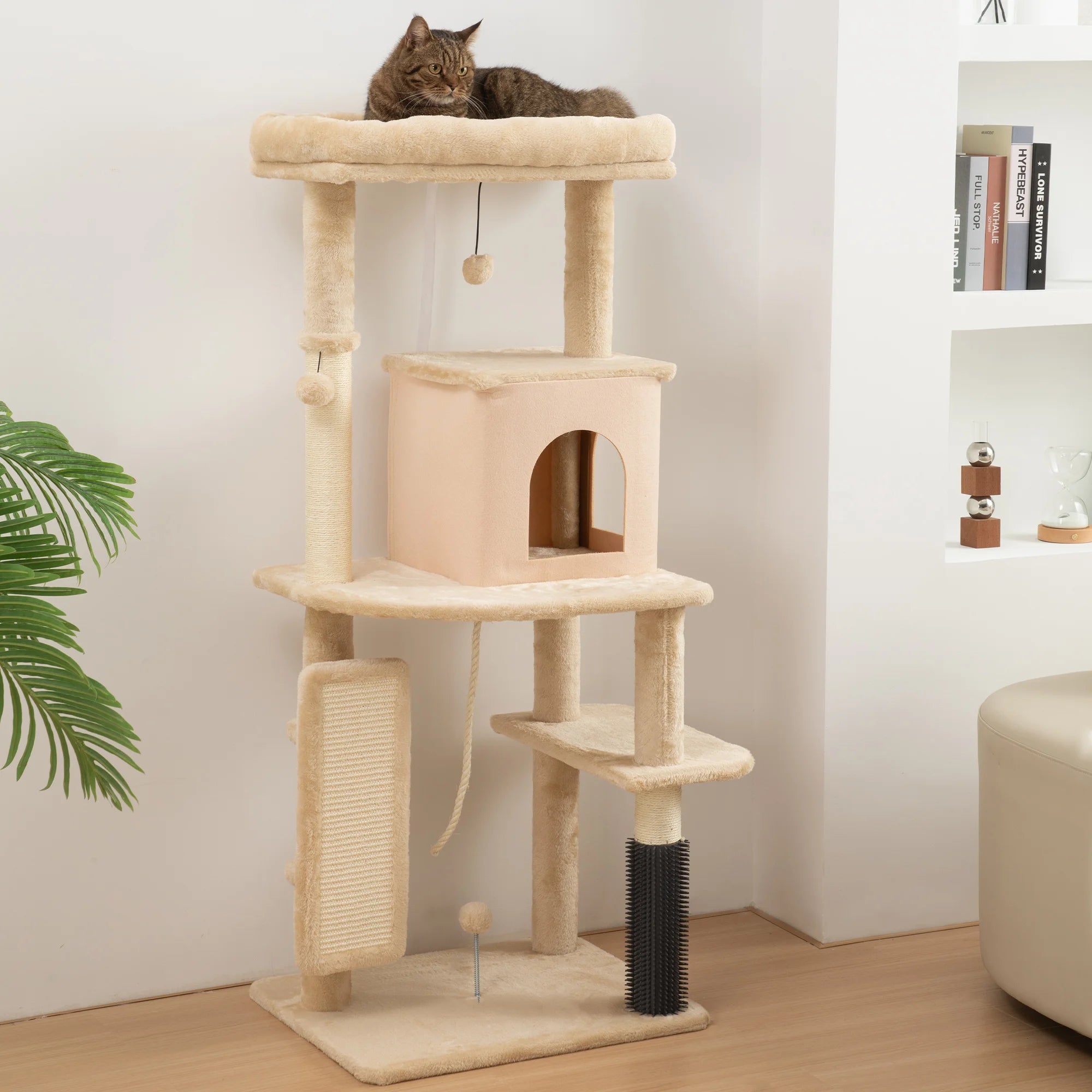 PawHut 132cm Cat Tree Tower Scratching Post Bed House Beige Multi Level