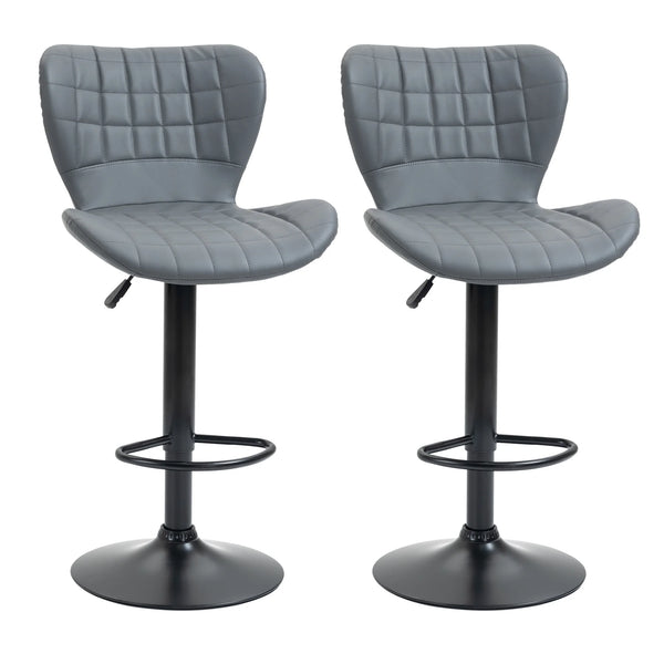 Set of 2 Bar Stools Height Adjustable Swivel PU Leather with High Backs Sponge Padding Round Base Grey
