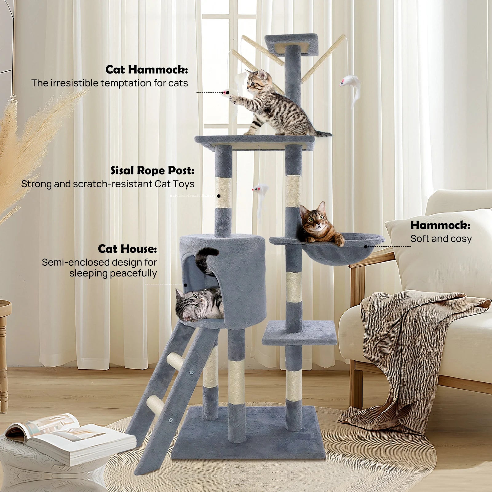 BRIEFNESS 140cm Cat Tree Tower Scratching Posts Soft Cave Hammock Sleep Area for Large Small Cats