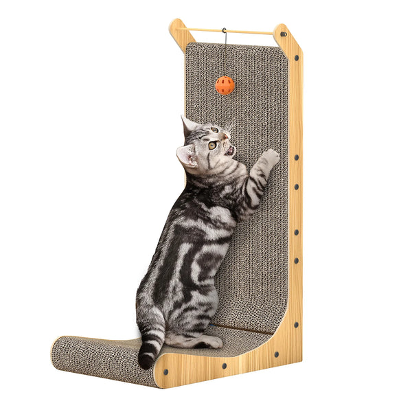 L Shaped Corner Cat Scratching Pad 68cm Solid Wood Frame Corrugated Board with Integrated Toy Ball