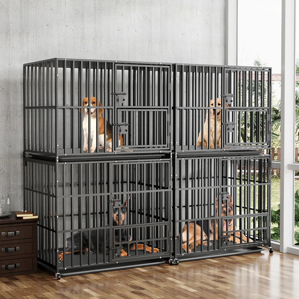 BORWART Oversized Stackable Double Layer Dog Crate 107x77.5x156.5cm Heavy Duty Lockable Wheels for Medium Large Dogs