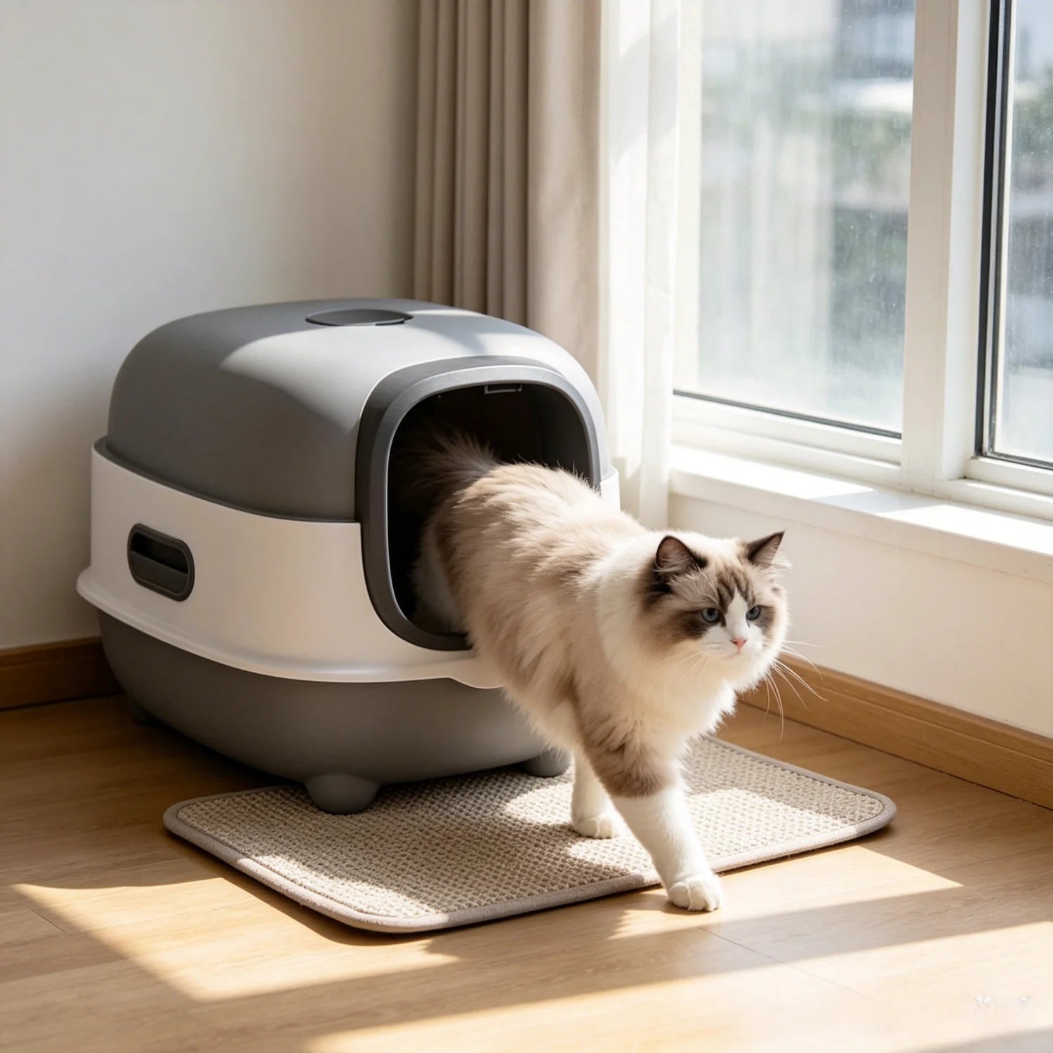 Large Enclosed Cat Litter Box Hooded Front Entry 34x56x38cm Anti-Splash with Scoop Grey