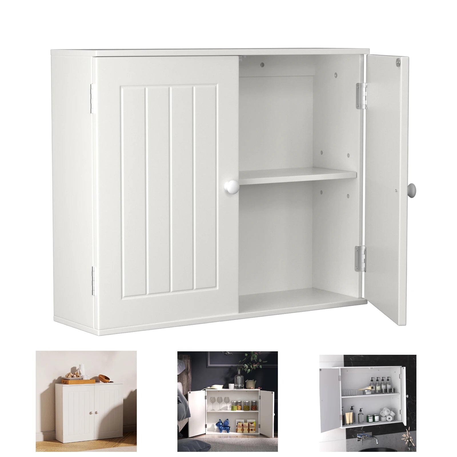 White MDF Bathroom Cabinet with Double Doors | Wall Mounted or Floor Standing Medicine Storage Cupboard